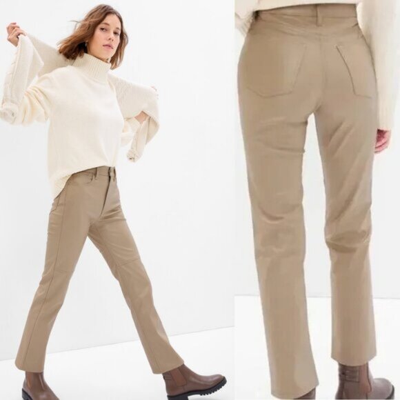 Gap Straight High Rise Cheeky Vegan Leather Pant In Cobblestone Beige Size 33 - Picture 1 of 8